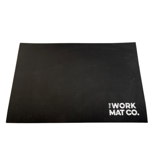 original size black mat with white logo in bottom right corner